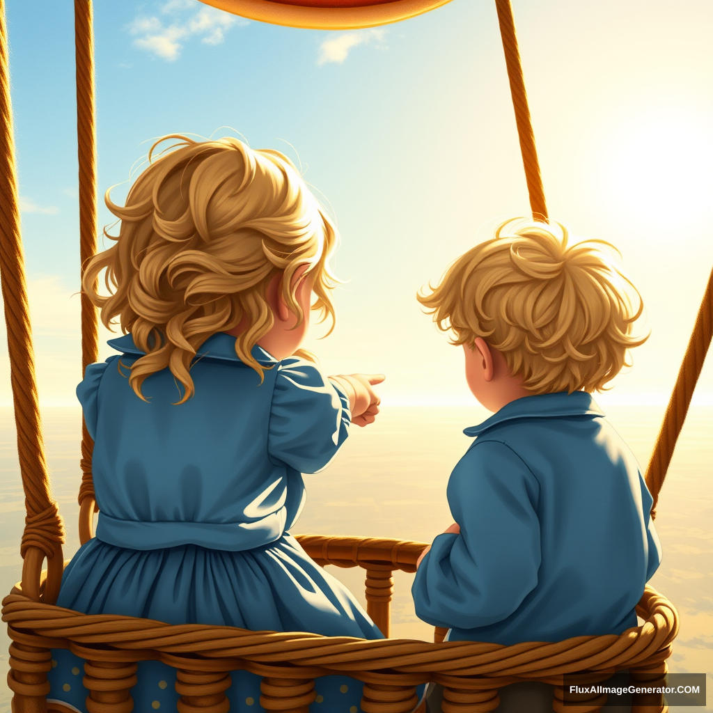 View from above and behind the heads of a wavy blond-haired little eight-year-old girl and her three-year-old blond wavy-haired brother, both dressed in 1880s era blue clothes, as they look out from their hot air balloon basket and point at the horizon bathed in sunlight. Children's detailed illustration. - Image