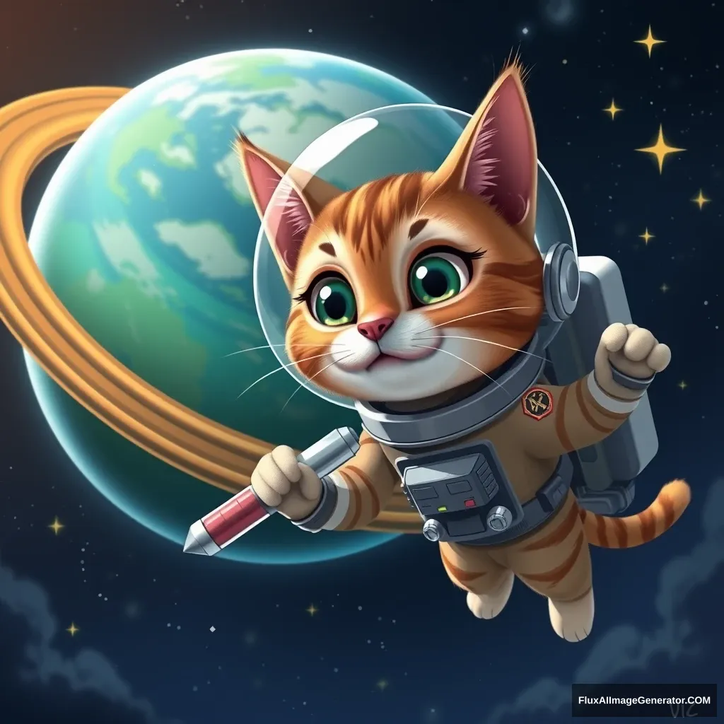 A whimsical Pixar-style scene: an anthropomorphic tabby cat in a space suit, floating near a vibrant Earth-like planet. The cat wields an oversized, cartoonish screwdriver, carefully adjusting the planet's rings. Stars twinkle playfully, reflecting in the cat's wide, determined eyes. - Image