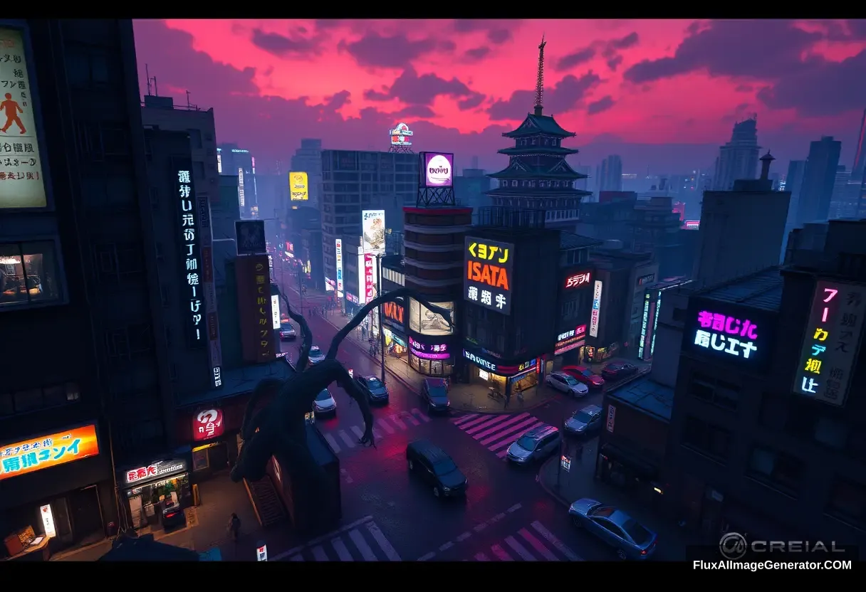 A Shibuya Scramble Crossing game concept design, nice and detailed, Cyberpunk style, Tokyo city night, Aerial view, buildings are corrupted by many giant vines, Abandoned cars and trucks, blue and purple neon lights, Japanese Edo Castle, sky is dyed red, unreal engine, PBR rendering, CG style.