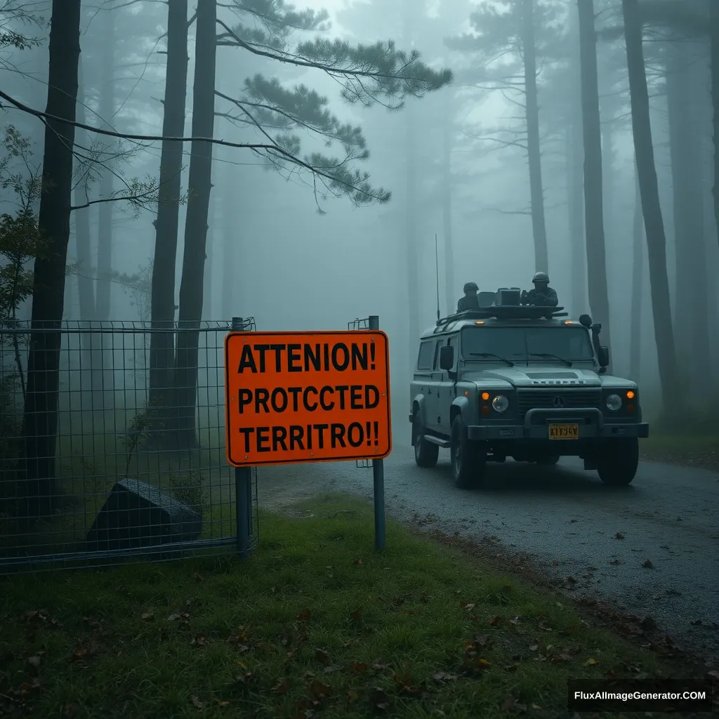 A checkpoint with a fence and an armored vehicle with soldiers in dark gear, with a black and orange sign "ATTENTION! PROTECTED TERRITORY!" in the forest, in the fog.