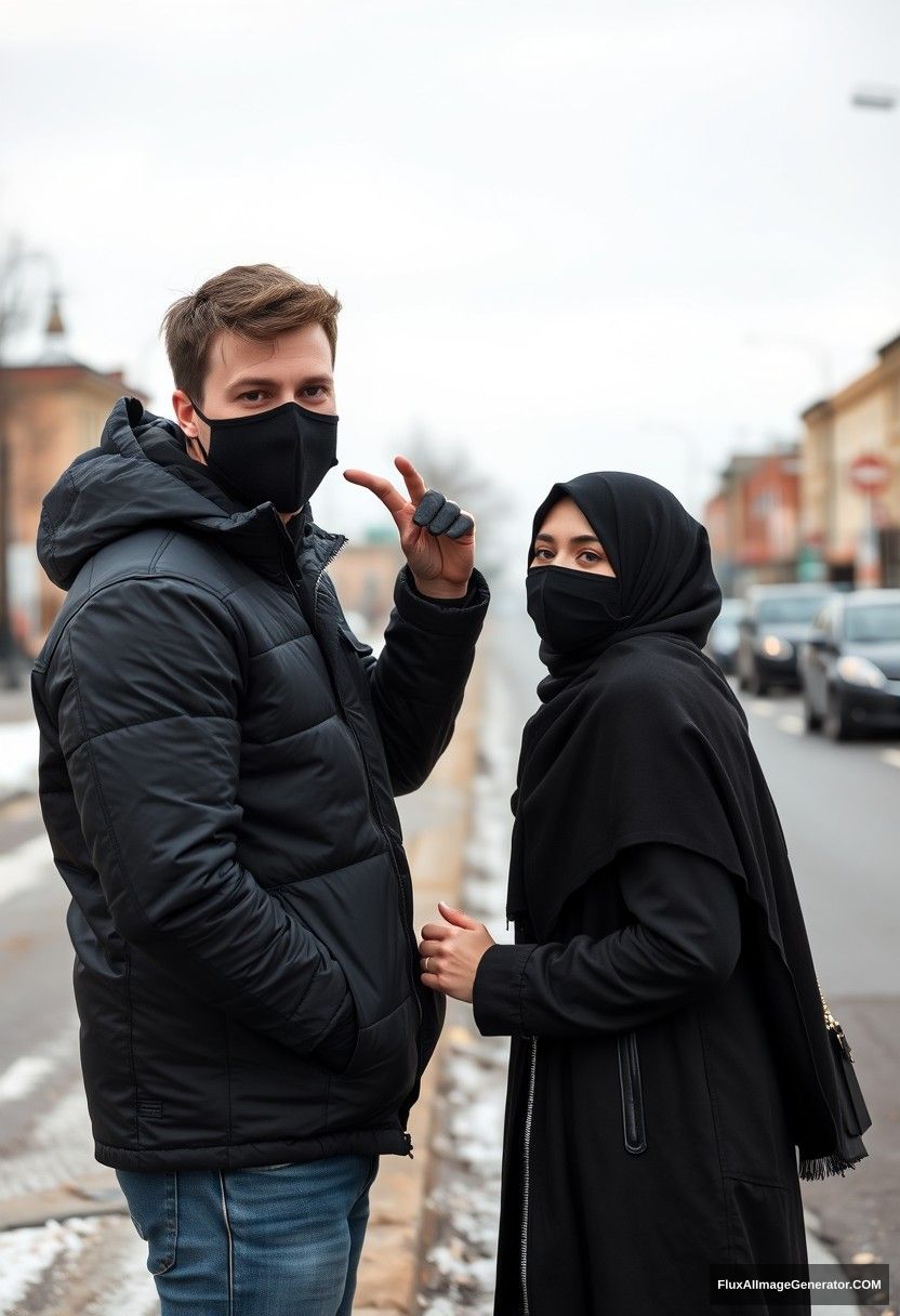 Jamie Dornan, handsome and young, wearing a black face mask, snow jacket, and jeans, dating a beautiful Muslim girl in the biggest black hijab, who has beautiful eyes. Both are wearing black face masks; the girl is in a black leather jacket. They stand together near a road in town, pinching each other's cheeks in a photorealistic street photography style amidst a winter scenery.