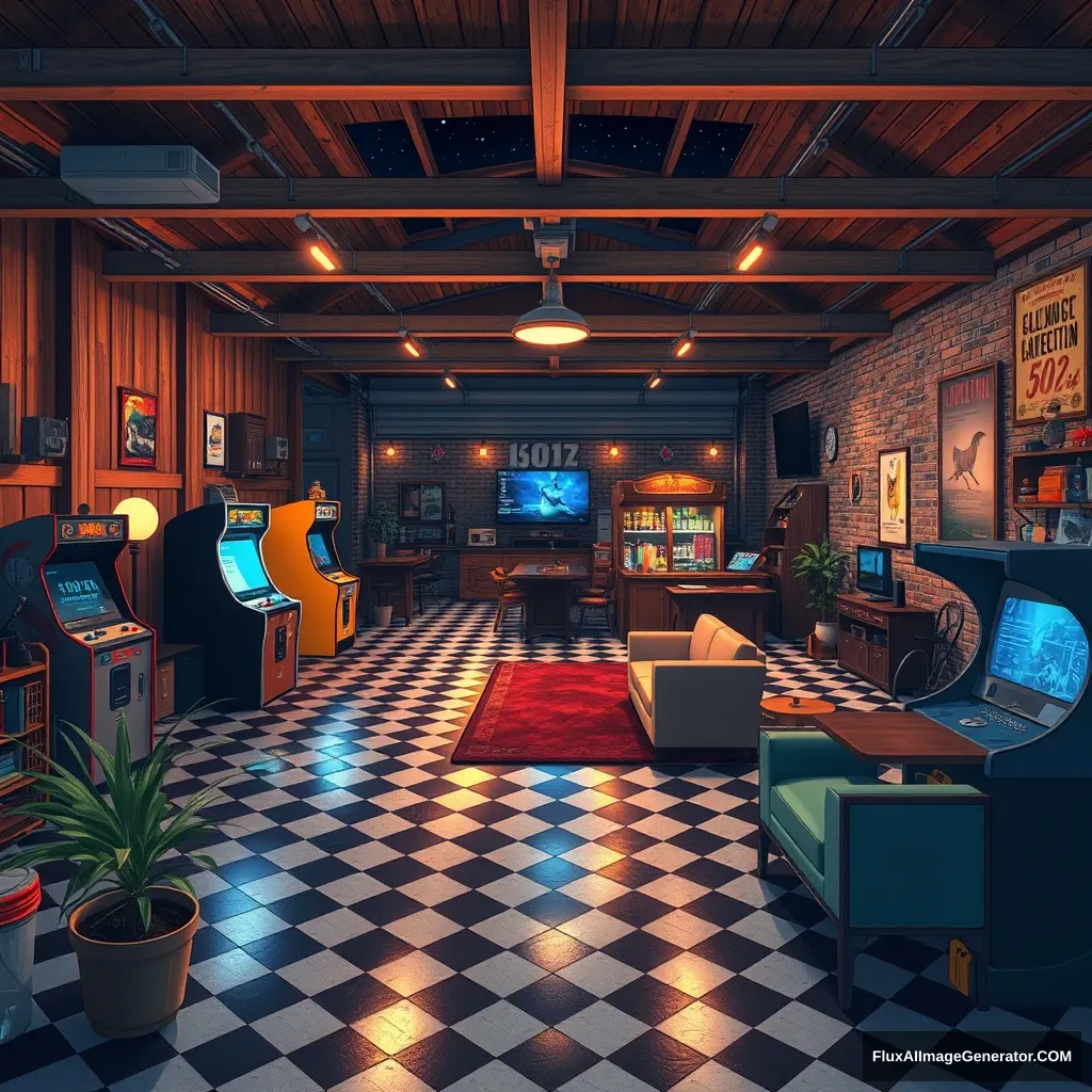 Cel-shaded art, wide shot, from above, Dutch angle, from side, perspective, intense angle, depth of field. Garage, arcade machine, amusement room, wood, night, furniture, sofa, TV, bar, open space, large space, open air, modern, retro style, big garage, lobby, plant, old school floor, 70s, warm lighting, black and white floor, bar, specimen, starry sky, poster, very big space, brick wall, chill.