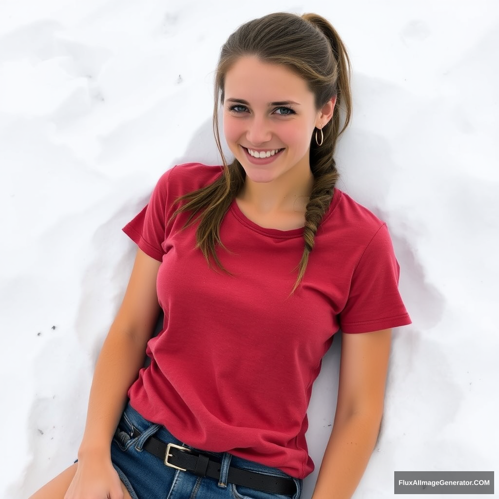 A very pretty skinny 28-year-old Ally Hinson with brown hair tied back in a ponytail, wearing a red t-shirt and sandals with shorts, lying in the snow. - Image