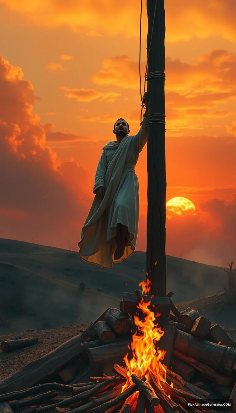 A lone figure, dressed in a white robe, is tied to a towering wooden pole on a barren hilltop. The sky is ablaze with the orange and red of a sunset as a large fire burns the pile of wood beneath his feet. The figure's face is turned skyward, his expression calm and accepting. Dramatic lighting, cinematic, highly detailed, digital painting.