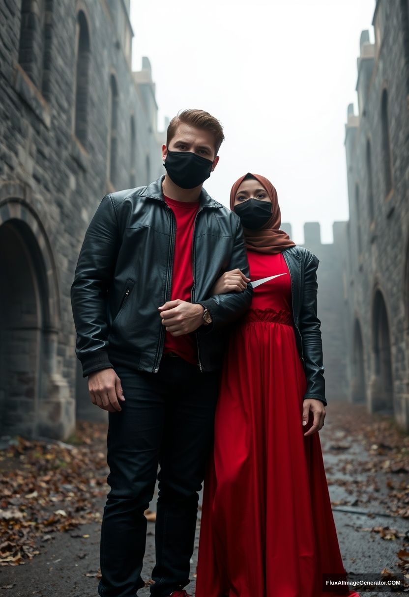 A bigger black hijab girl, beautiful eyes, black face mask, black leather jacket, the longest and biggest red dress, not tall, standing near him and in love, holding his arm.

Jamie Dornan, handsome, youngest, black face mask, fit and tough body, Nike red t-shirt, black leather jacket, jeans, red sneakers, tall man, standing near her.

Hyper realistic, photorealistic, studio photography, Victoria's abandoned castle, gloomy.