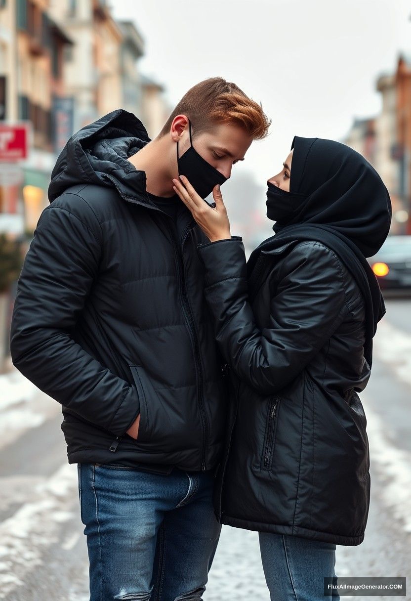 Jamie Dornan, handsome, young, black face mask, snow jacket, jeans, dating a beautiful, romantic, big black hijab Muslim girl with beautiful eyes, wearing a black face mask, black leather jacket, in winter scenery, standing together near the road in town, pinching each other's cheeks, photorealistic, street photography.