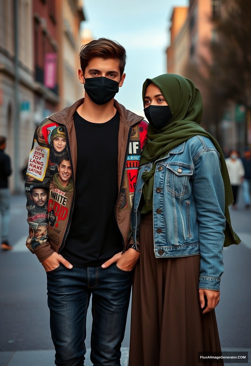 Jamie Dornan, young, black face mask, black T-shirt, riot collage jacket, jeans, red sneakers, dating romantically with an army green hijab-wearing Muslim girl, beautiful eyes, black face mask, jean jacket, longest skirt, not tall girl, photorealistic, street photography, full photography. - Image