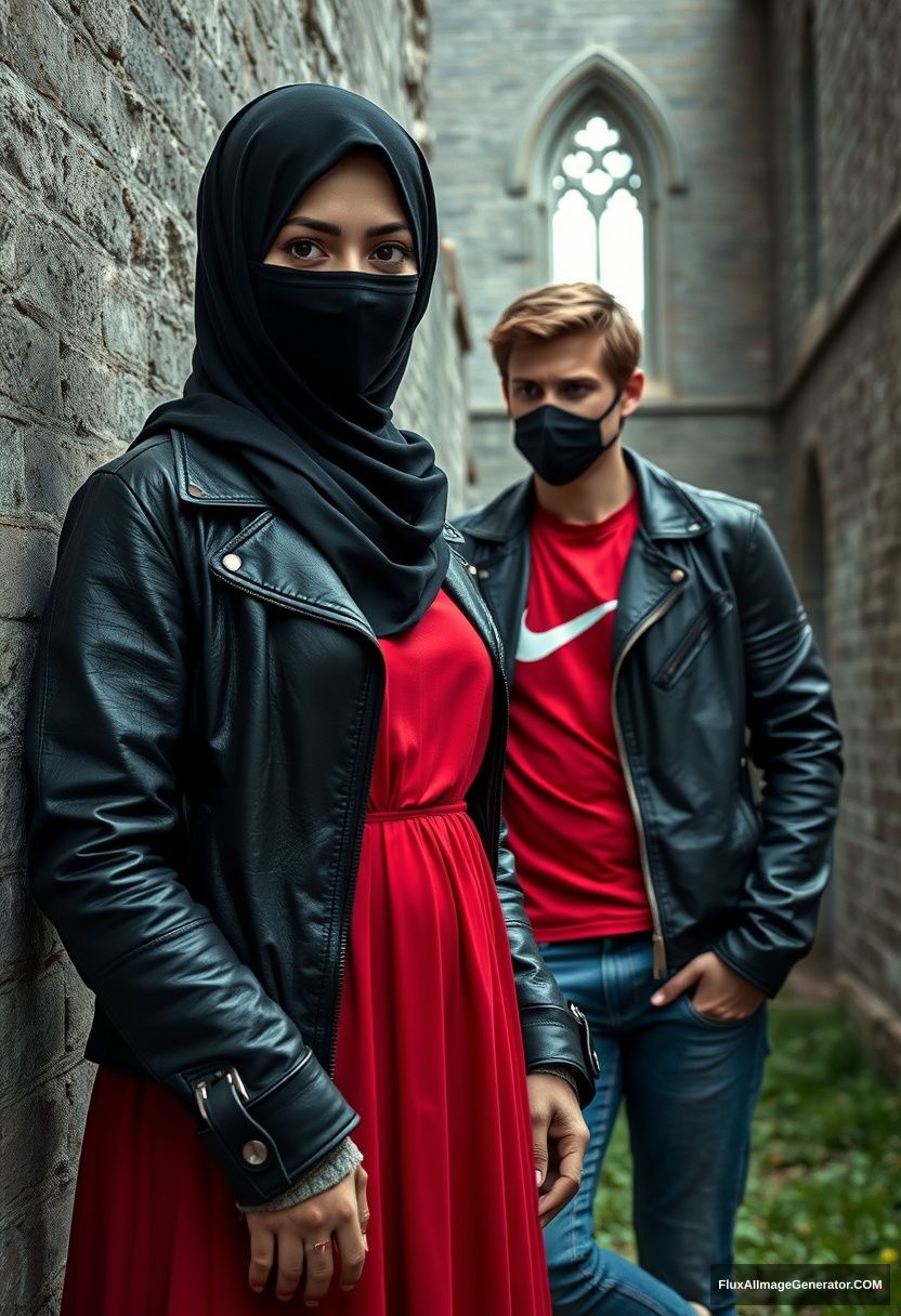 A big black hijab girl, beautiful eyes, black face mask, black leather jacket, the longest biggest red dress, not tall, standing near him,

Jamie Dornan, handsome, black face mask, fit and tough body, Nike red t-shirt, black leather jacket, jeans, tall man, leaning against the wall,

Hyper realistic, photorealistic, studio photography, Victoria's abandoned castle, gloomy. - Image