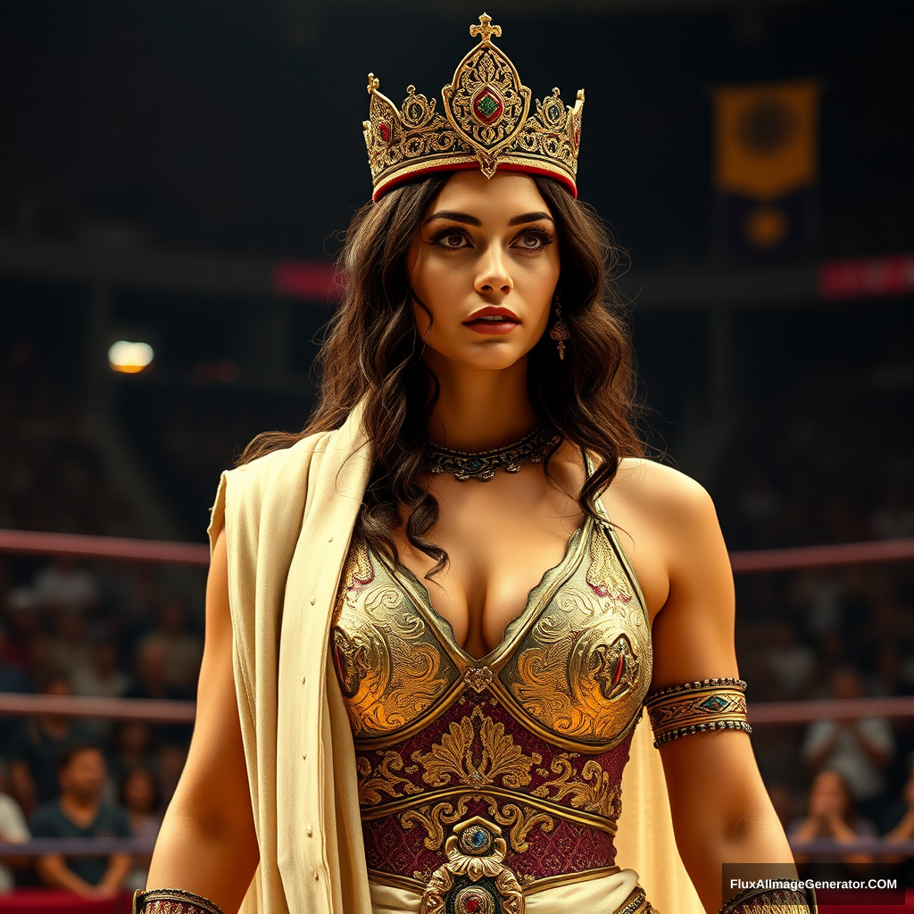 A very very very very very beautiful and gorgeous ancient Queen of wrestling standing in the arena.