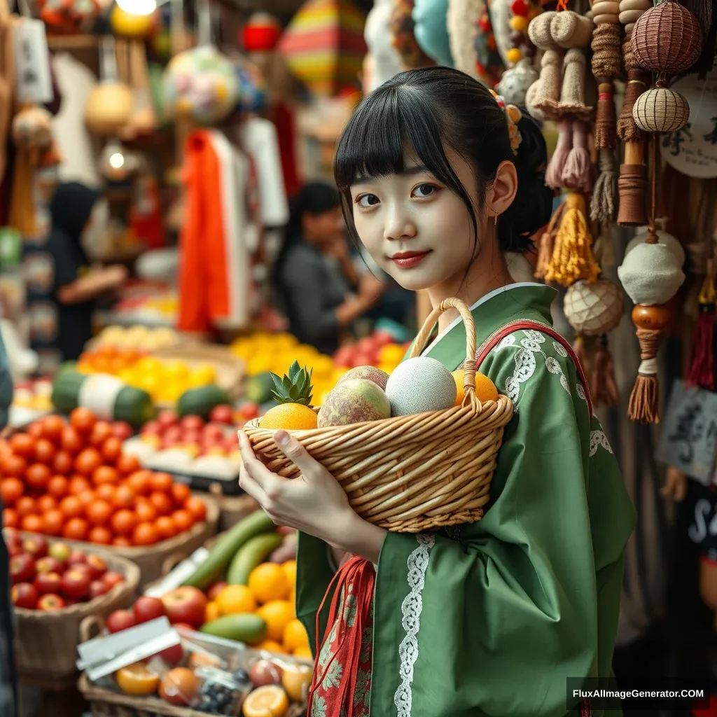 A realistic high-definition photo style, featuring a Japanese girl holding a small basket filled with fresh fruits and handmade crafts. The goods at the stall are colorful and overwhelming. Clad in traditional clothing, I engage with the vendors, feeling completely immersed in this lively market.