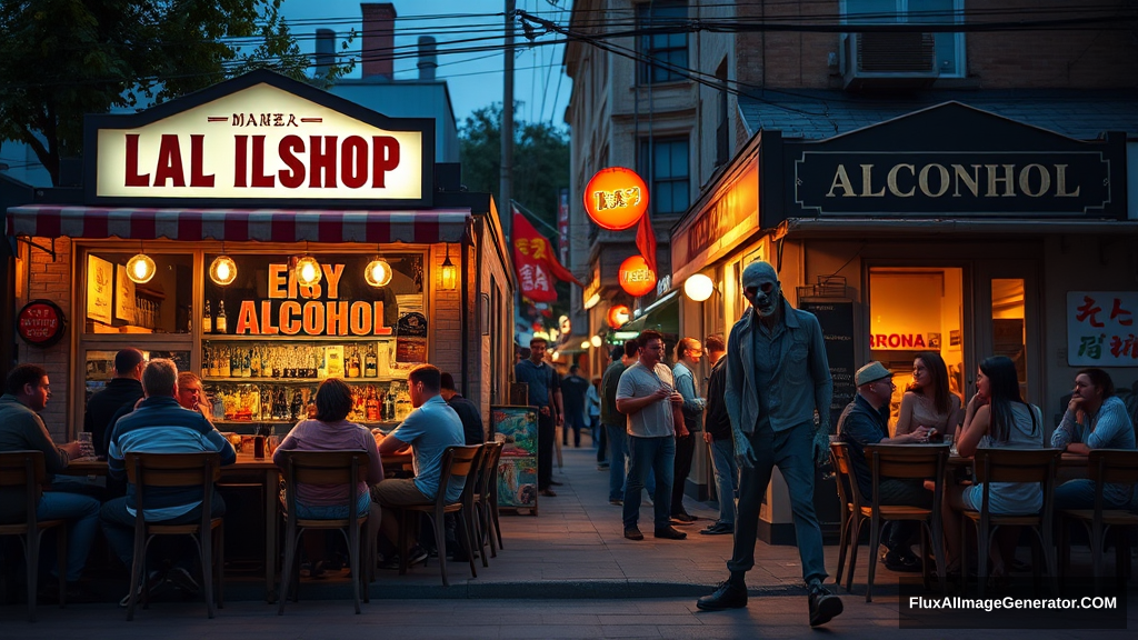 Real-life photography, wide shot: There are two small shops selling alcohol, with tables and chairs set up outside, where many young men and women are drinking and chatting. A zombie (like the zombies from Plants vs. Zombies) walks by.