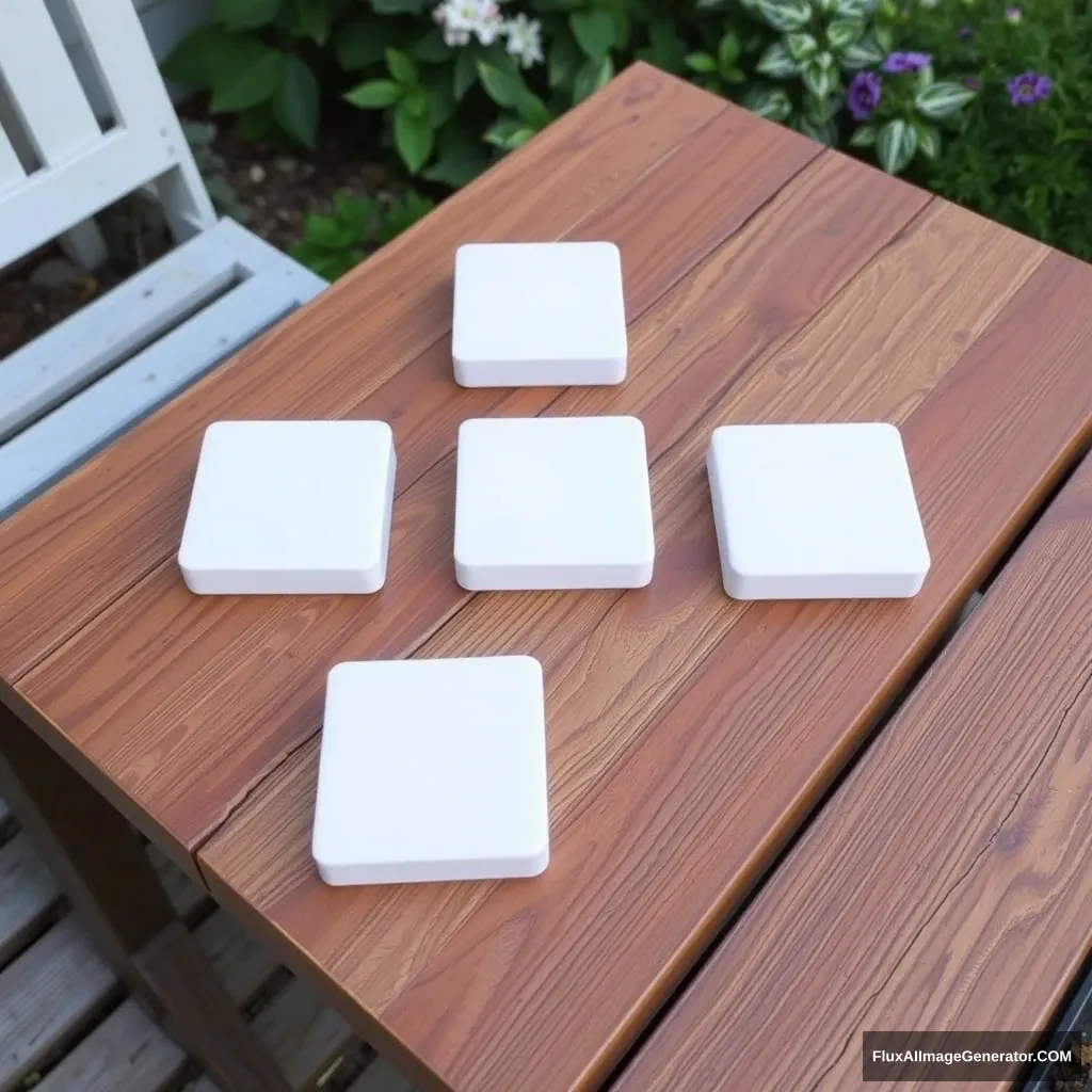 Five white squares on a wooden garden table