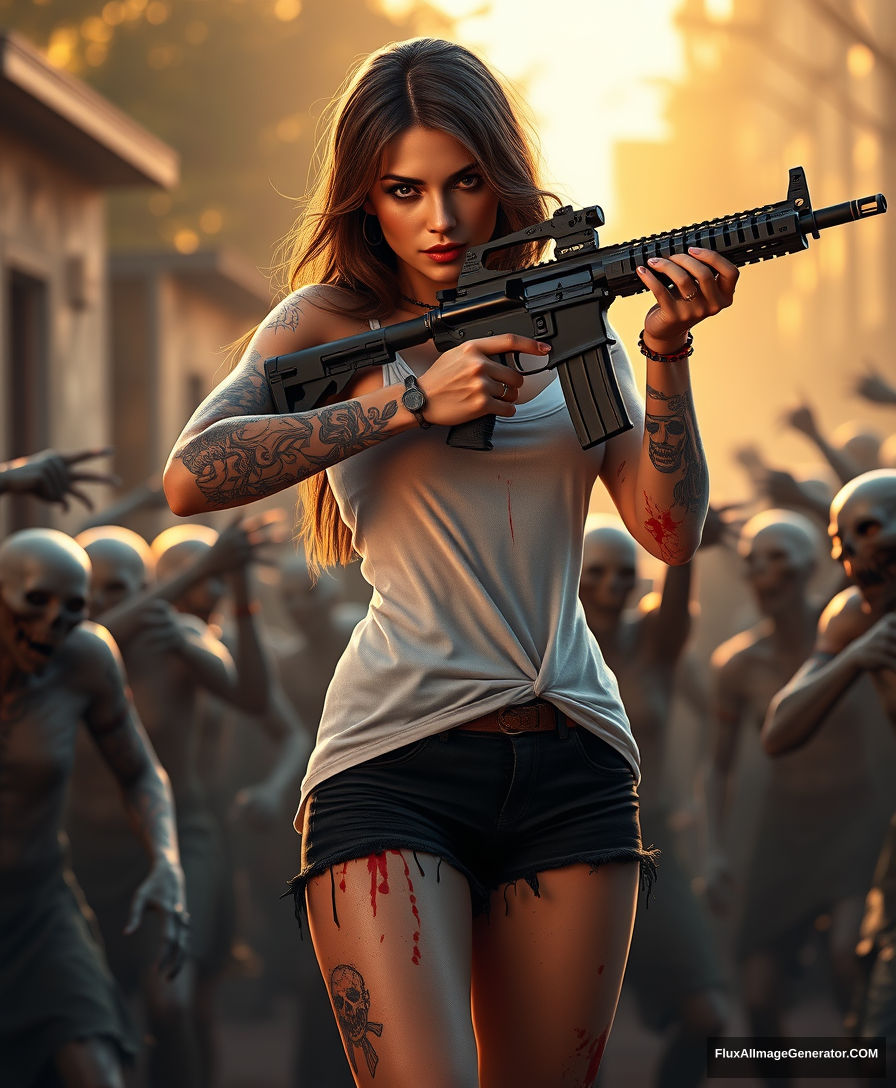 Portrait of a sexy woman in a white vest and black shorts, with lots of gypsy-style skull pattern tattoos on both arms and legs, arm skin scratched, splashed blood on both arms and legs, holding an AR-15 rifle with both hands in an aiming posture, surrounded by scary zombies, golden hour lighting, ray tracing, global illumination. - Image