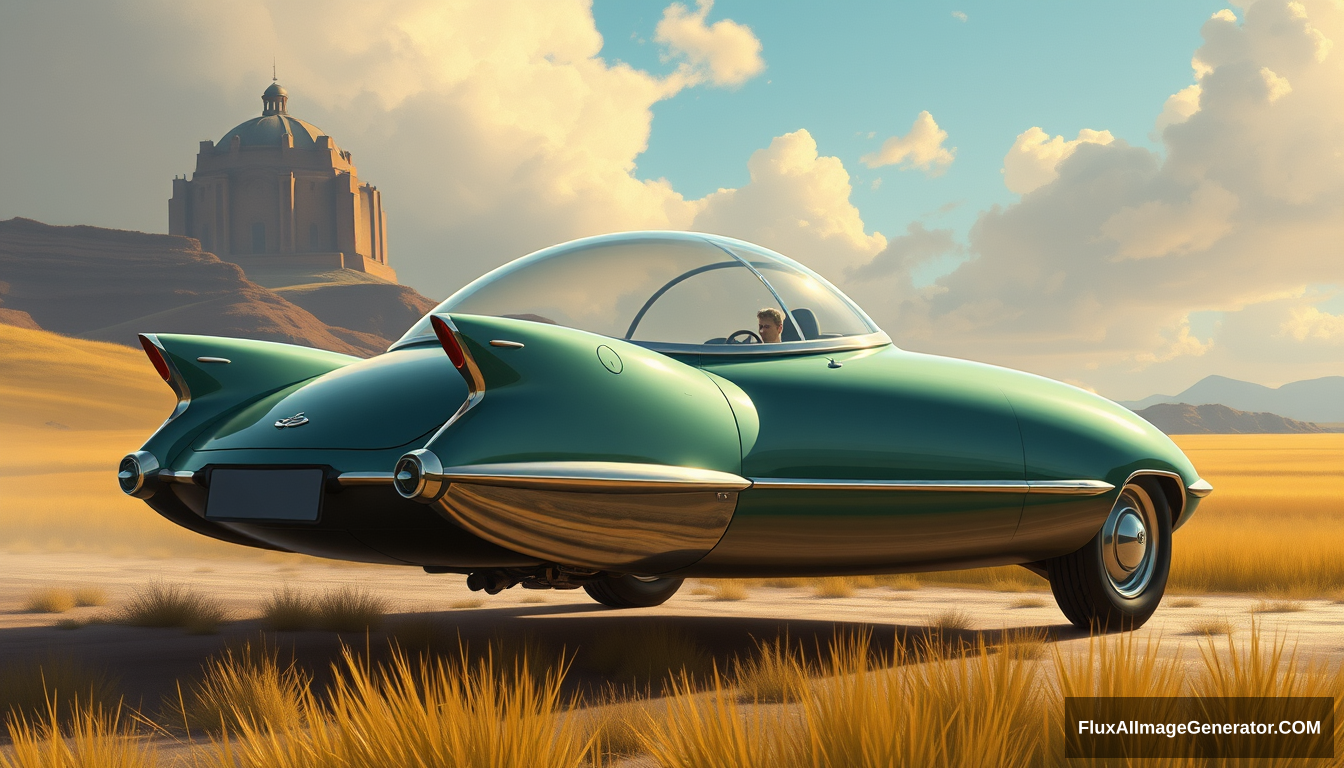 A flying car as seen on the "Jetsons" cartoon, as painted by Syd Mead, country setting, 4k, bubble canopy.