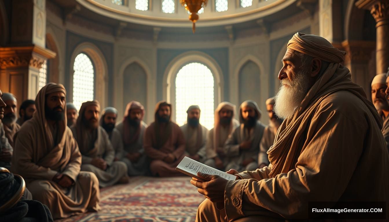 "Tamim ad-Dari reporting his experience to an old Arab boy in a serene mosque setting, with the Prophet surrounded by his companions, all listening intently. Ultra HD, realistic, serene, with warm and cinematic lighting."