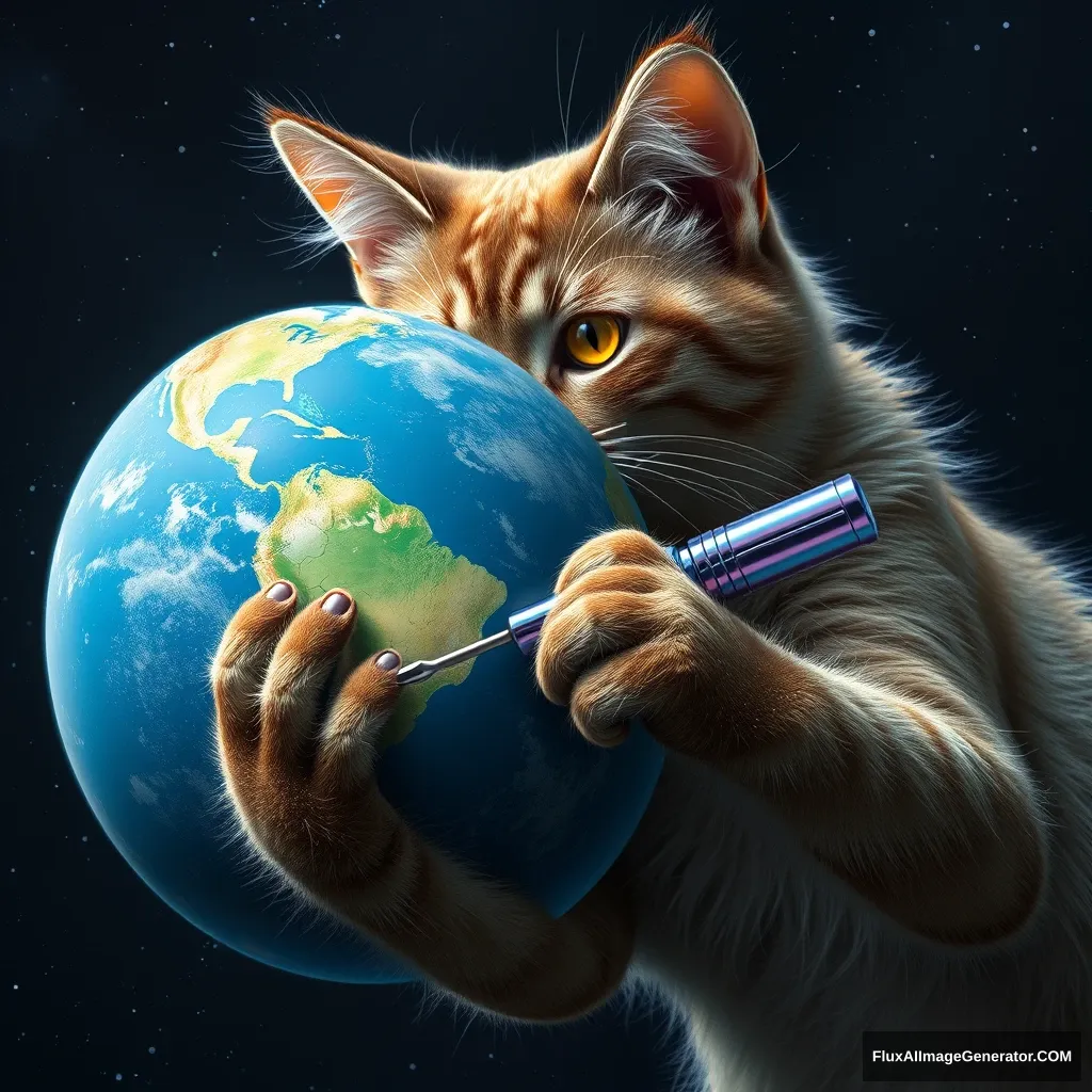 A hyper-realistic cosmic feline mechanic, fur glistening with stardust, meticulously repairs an azure Earth-like planet. Golden eyes focused, paws deftly wield an iridescent quantum screwdriver. Suspended in the velvet void of space, the scene exudes determination and hope for universal harmony.