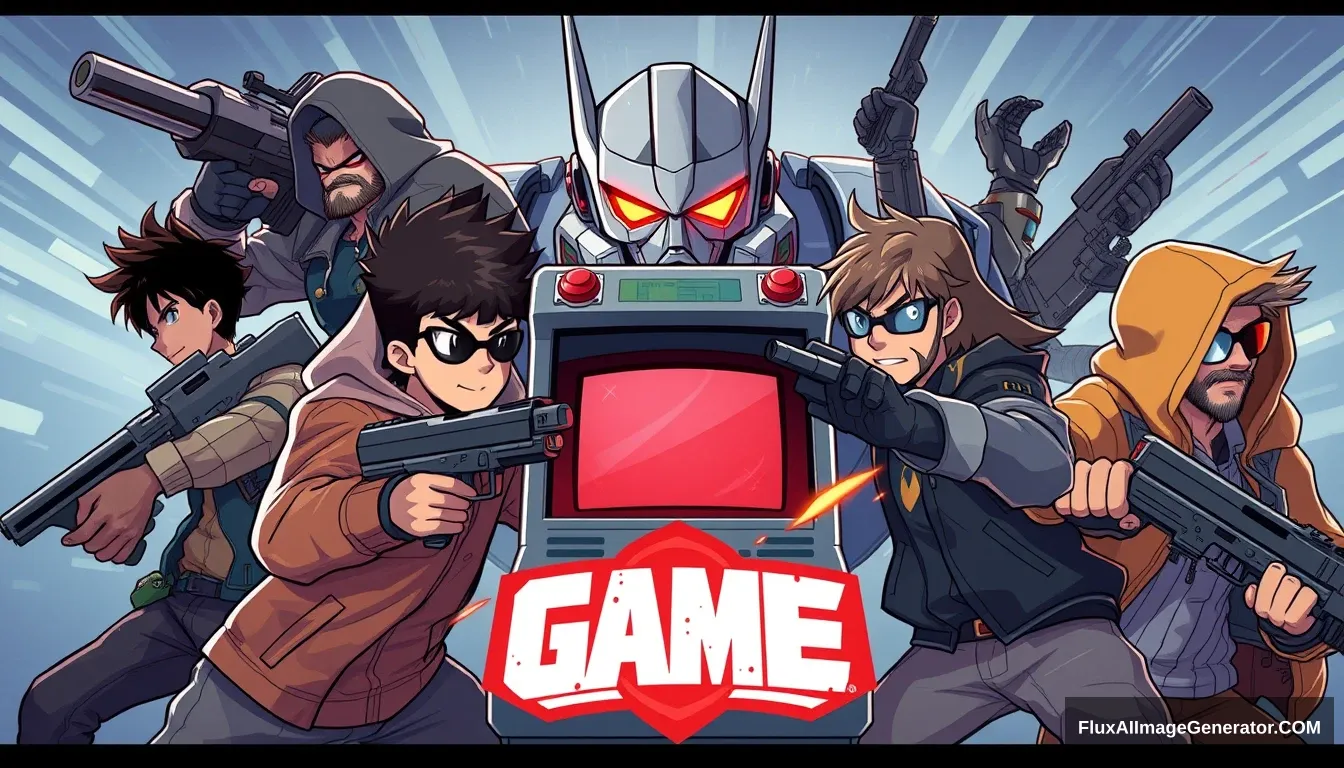 game poster, logo, cel shaded art, several characters are battling around a game machine, jacket, weapon, multiple boys, hood, facial hair, sunglasses, crossover, robot, beard, science fiction, 6+ boys - Image