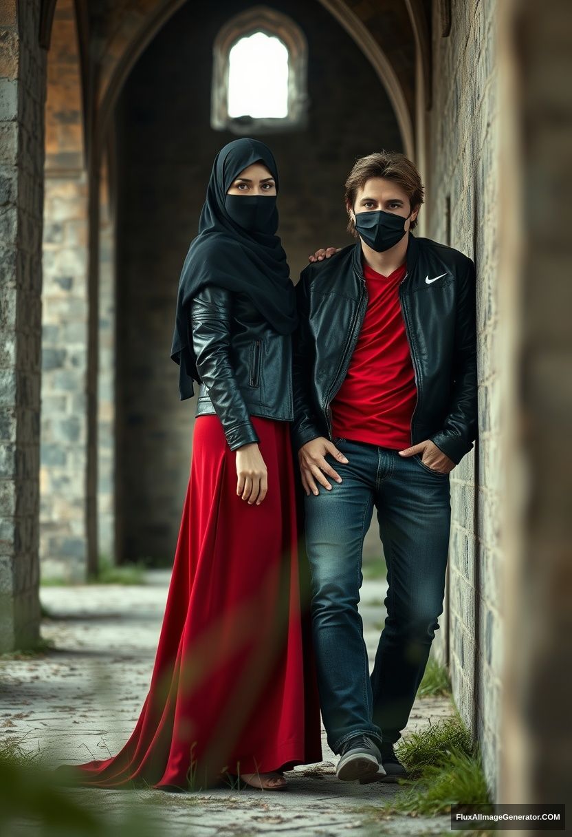 A biggest black hijab girl, beautiful eyes, face mask black, black leather jacket, biggest red longest dress, untall, standing near him,

Jamie Dornan, handsome, face mask black, fit and tough body, Nike red t-shirt, black leather jacket, jeans, tall man, laying at wall,

Hyper realistic, photorealistic, studio photography, Victoria's abandoned castle, gloomy.