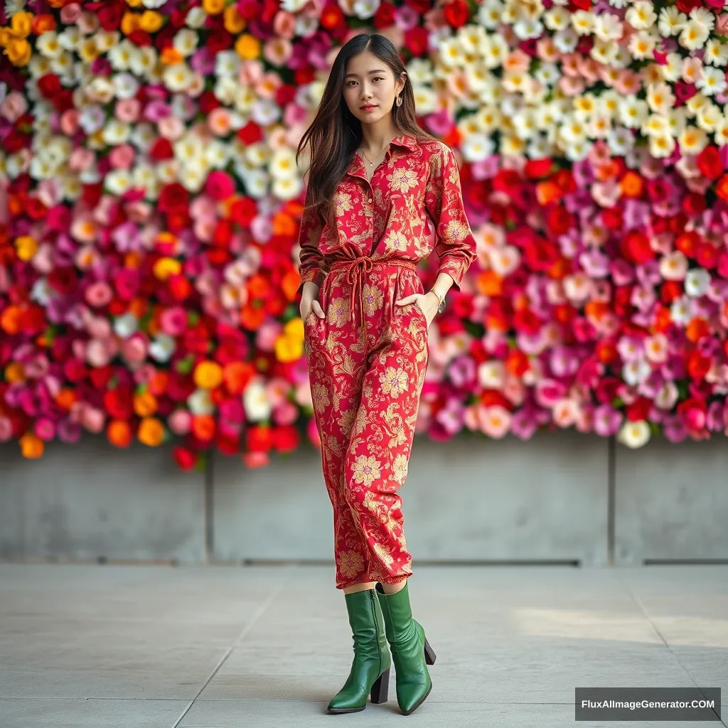 A Korean female fashion model is wearing a jumpsuit styled one-piece (colorful patterned based on red), greenish leather fashion boots, with a colorful flower wall (defocused) in the background.