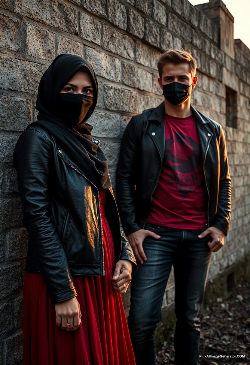 A biggest black hijab girl, beautiful eyes, face mask black, black leather jacket, biggest red longest dress, not tall,

Jamie Dornan, handsome, face mask black, fit and tough body, metal red t-shirt, black leather jacket, jeans, tall man,

standing near wall together, Hyper realistic, photorealistic, street photography, Victoria's abandoned castle, sunrise.