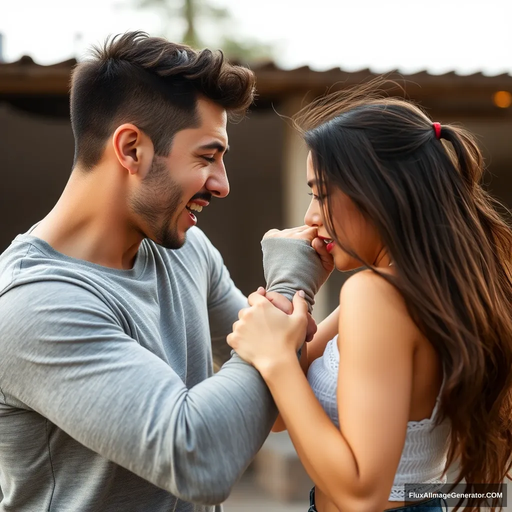 A pretty small delicate and slim lady fighting her much bigger and muscular boyfriend in a casual fight. She is completely in control, defeating and beating him badly and completely. She delivers a hard punch that makes him stumble and bend backwards; he looks defenseless, unable to avoid her punches, close to falling unconscious.