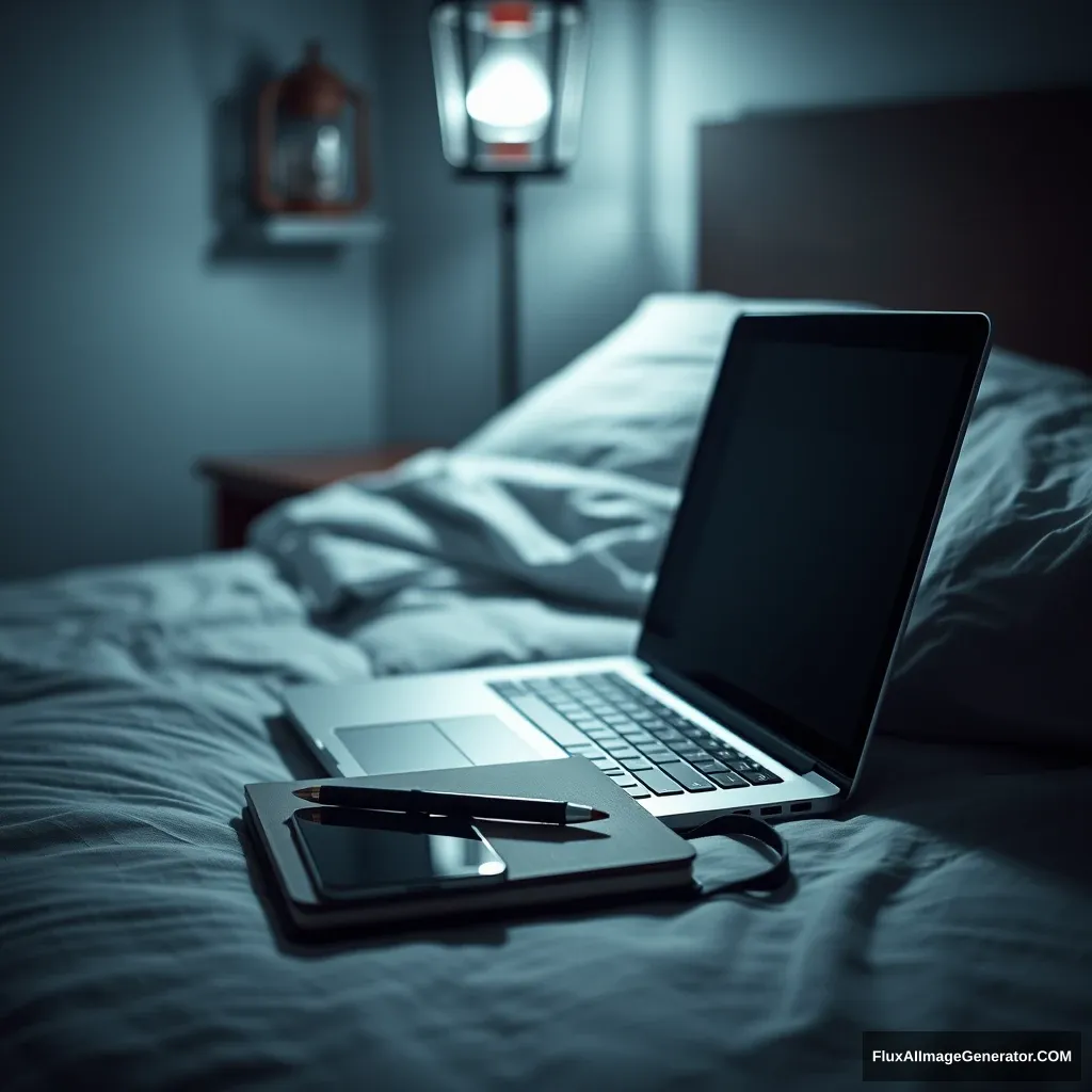 Laptop, notebook, a pen, phone, on bed, hyper-realistic, studio photography, lantern light, gloomy.