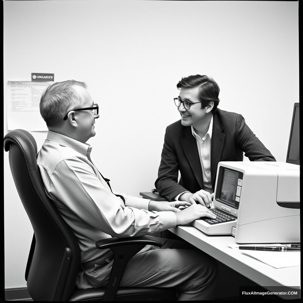 black and white picture  
They're chatting at work.  
a chair under a desk  
wearing his glasses  
copy machine  