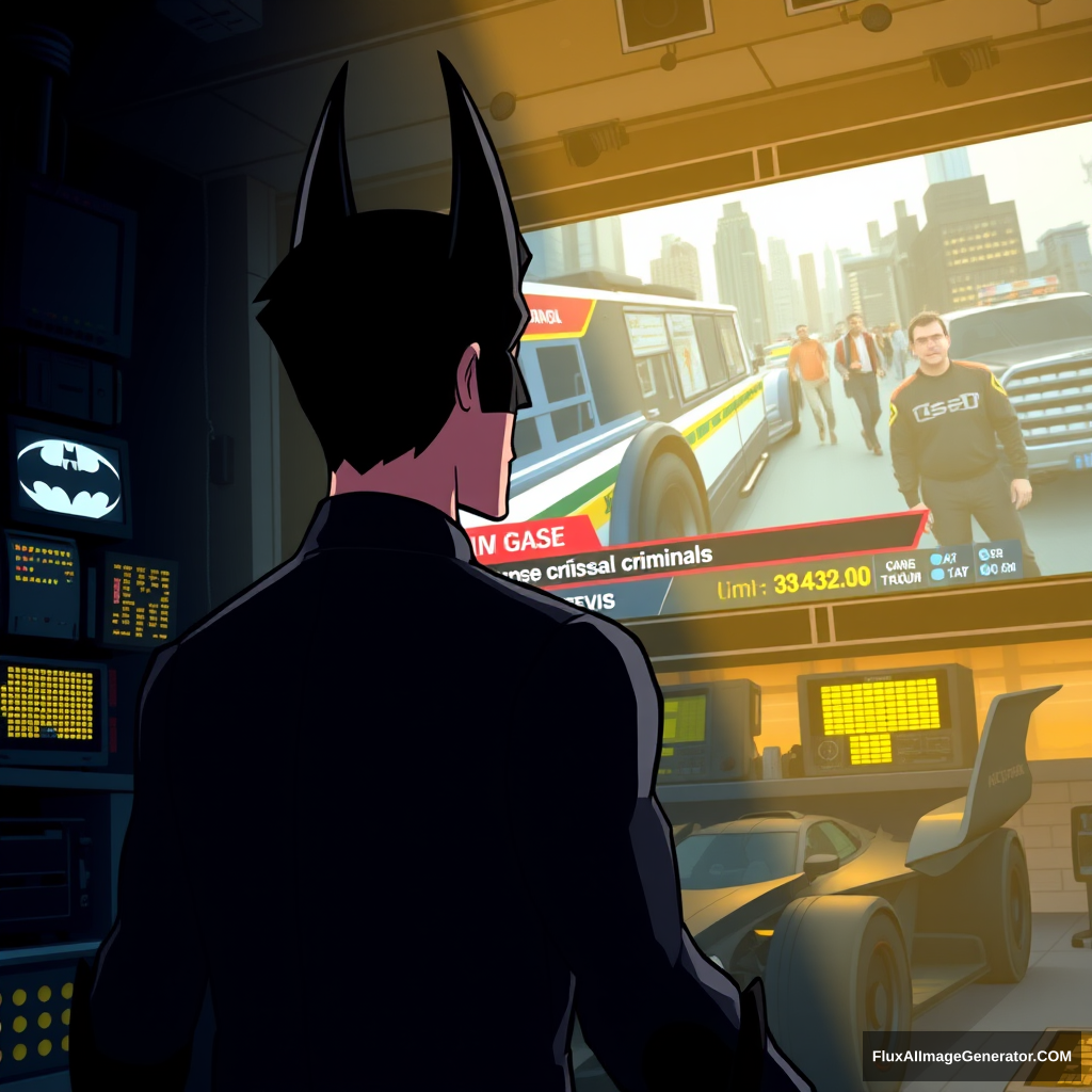 Bruce Wayne, dressed in his signature dark suit, stands in front of a massive computer screen inside the dimly lit Batcave. The screen displays a news broadcast showing mid-chase, pursuing criminals through the city. The Batcave is filled with high-tech gadgets, glowing monitors, and the iconic Batmobile in the background. The scene is depicted in a cartoon animated style, with exaggerated features, vibrant colors, and dynamic lighting that highlights the intensity of the moment. - Image