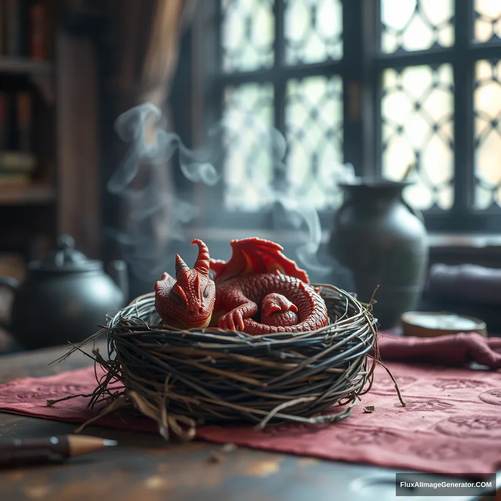 photorealistic, lotr, A tiny red dragon curled up asleep inside a nest, (Soft Focus), (f_stop 2.8), (focal_length 50mm) macro lens f/2.8, medieval wizard table, (pastel) colors, (cozy) morning light filtering through a nearby window, (whimsical) steam shapes, captured with a (Canon EOS R5), highlighting (serene) comfort, medieval, dnd, rpg, 3d, 16K, 8K.