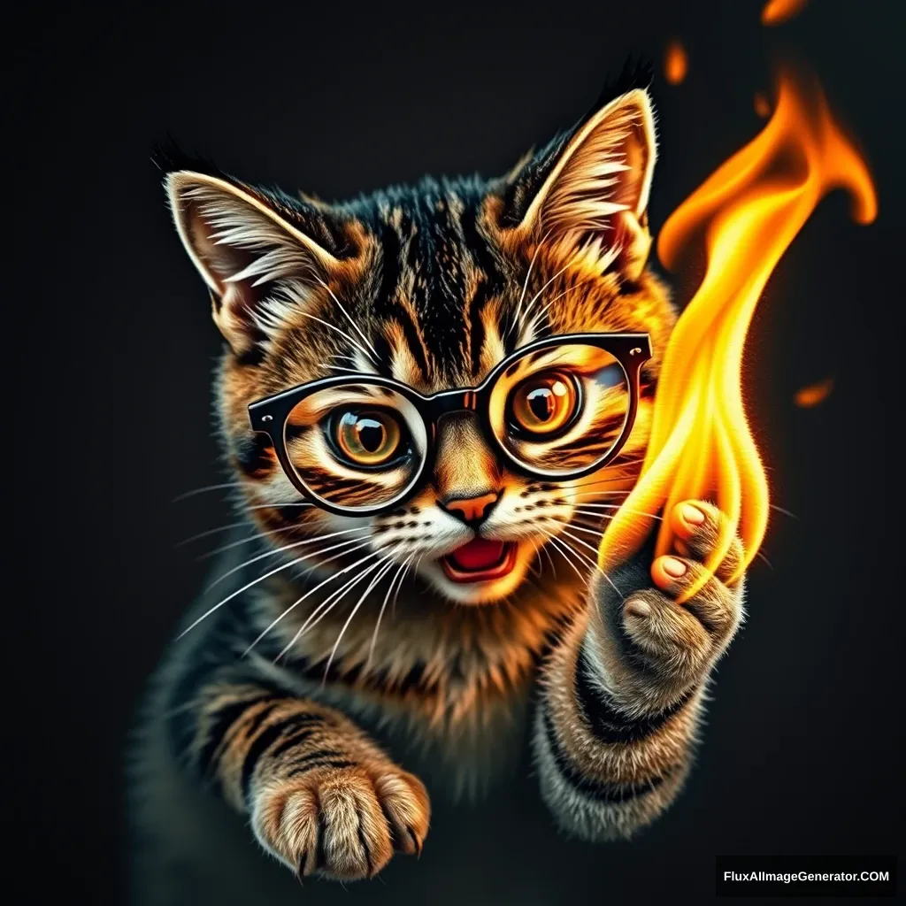 A mischievous tabby cat, wearing tiny spectacles, playing with fire. Style: Hyper-realistic embroidery art.