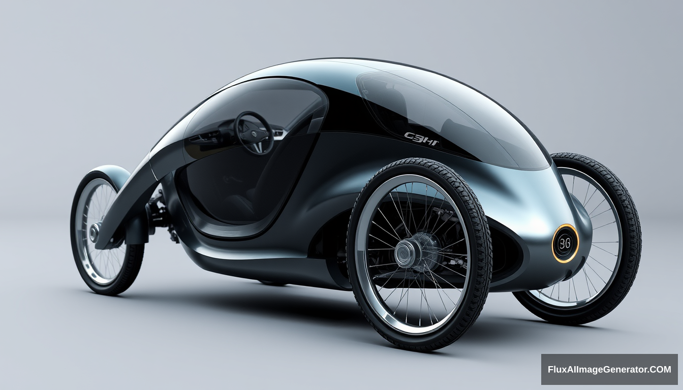 3-wheeled concept car, 2 wheels in front, only 1 in back, 4k, wide bicycle wheels, detailed. - Image