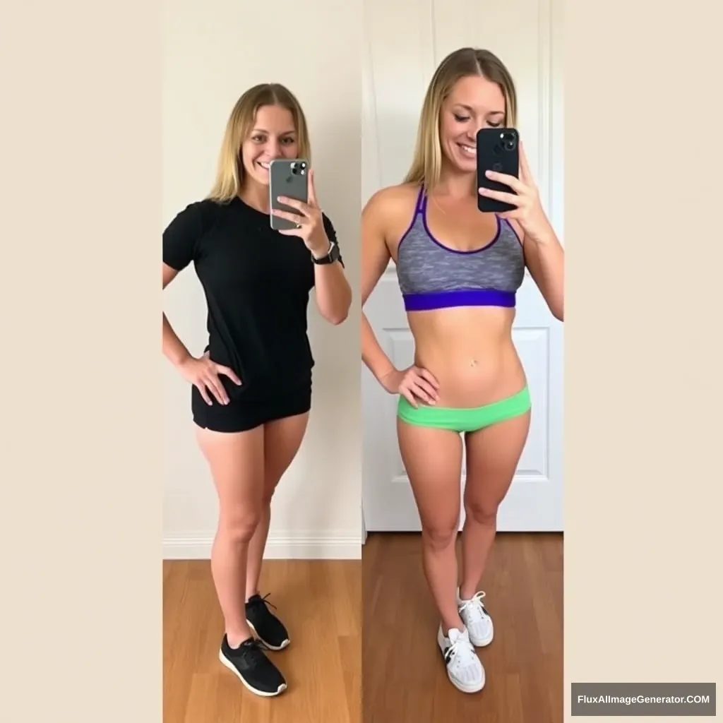 Fitness model influencer Emma's progress pictures. Her waist is half the width of her hips.