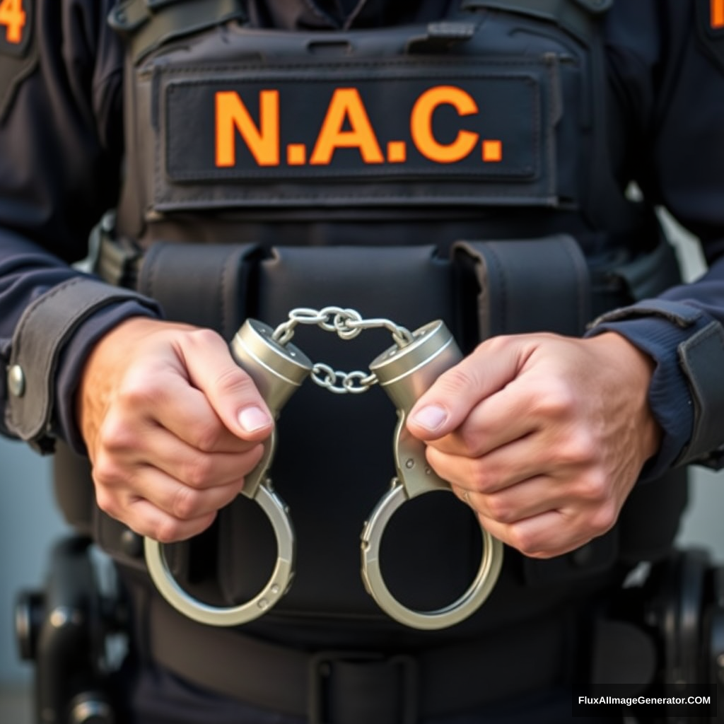 A soldier in black gear with a black and orange inscription N.A.C. on his vest is wearing handcuffs, a shot of his hands in handcuffs in front of him. - Image