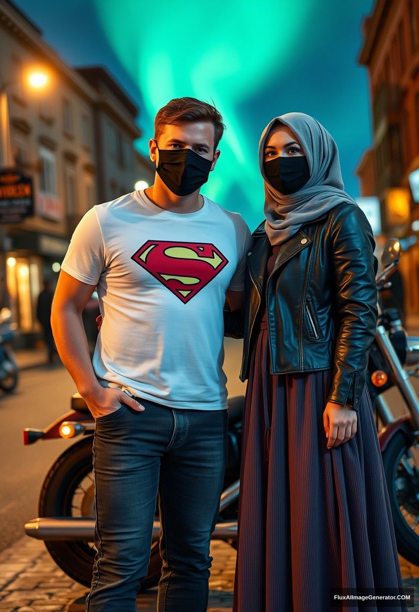 Jamie Dornan, tall and young, wearing a black face mask, a white Superman t-shirt, and jeans, is dating a beautiful Muslim girl in a grey hijab with captivating eyes, also wearing a black face mask, a leather jacket, and an exceptionally long skirt, though she is not tall. They are standing near a Harley Davidson motorbike for photography in the town, capturing photorealistic street photography at night with an aurora borealis in the background.