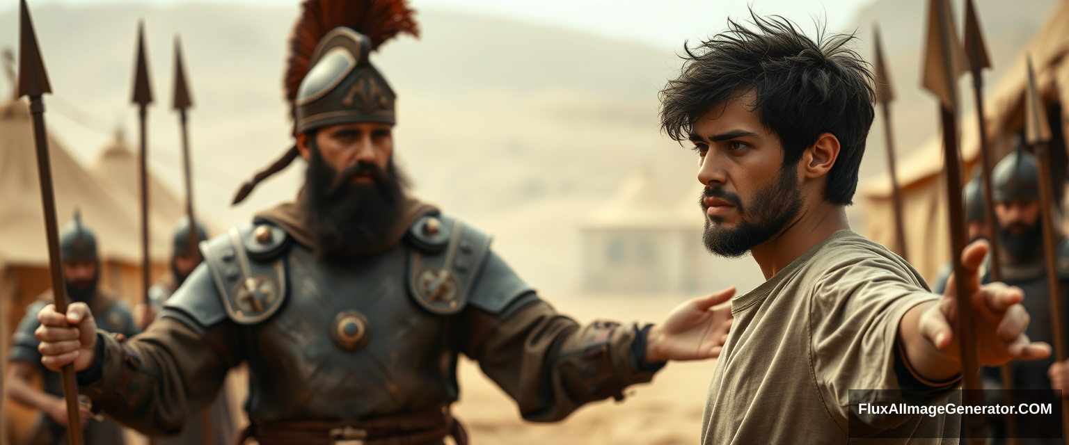 Create an image of two men standing apart and facing off, with a group of four soldiers holding spears gathering closely behind the man on the left. The man on the right is a young man with his arms stretched out to the sides, looking shocked, with dark messy unkempt hair and a beard, dressed in a simple biblical-era shepherd tunic, and sternly looking at the man on the left. The other man appears middle-aged, has a Jewish black beard, and is wearing a full suit of biblical-era leather armor along with a conical helmet with a pointed tip. The overall mood of the image is one of anxiety and concern. The background shows a blurred ancient biblical Jewish army camp with desert Arabic tents. The overall mood is intense and cinematic.