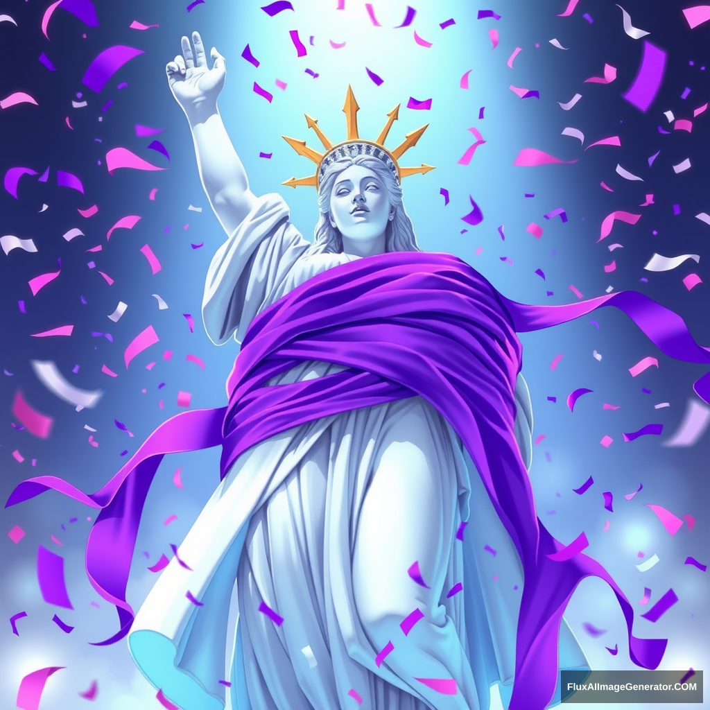 The Goddess of Victory statue wrapped in purple ribbon, purple confetti flying everywhere, bright colors and anime aesthetics.