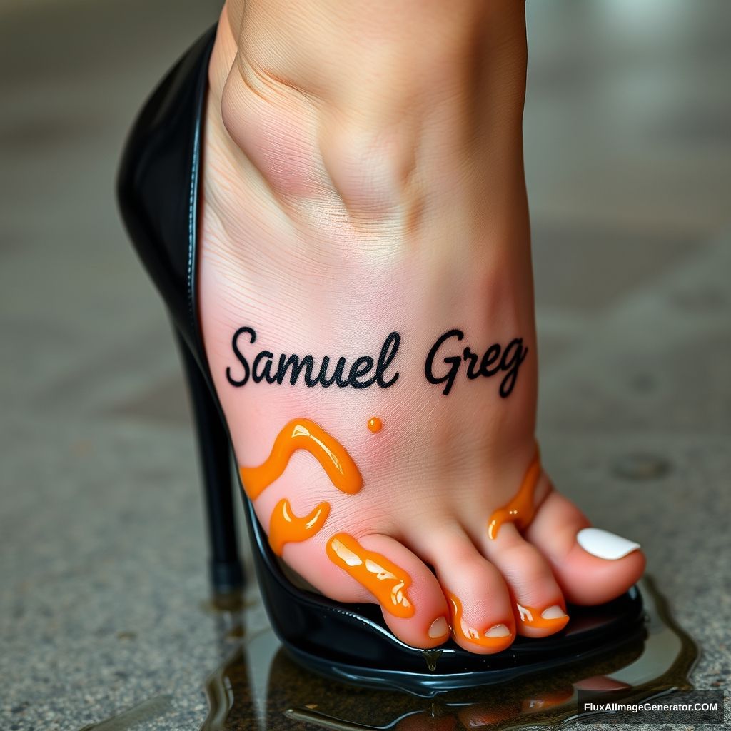 The name "Samuel Greg" on a woman's foot in a black high heel. There is oil all over the foot.