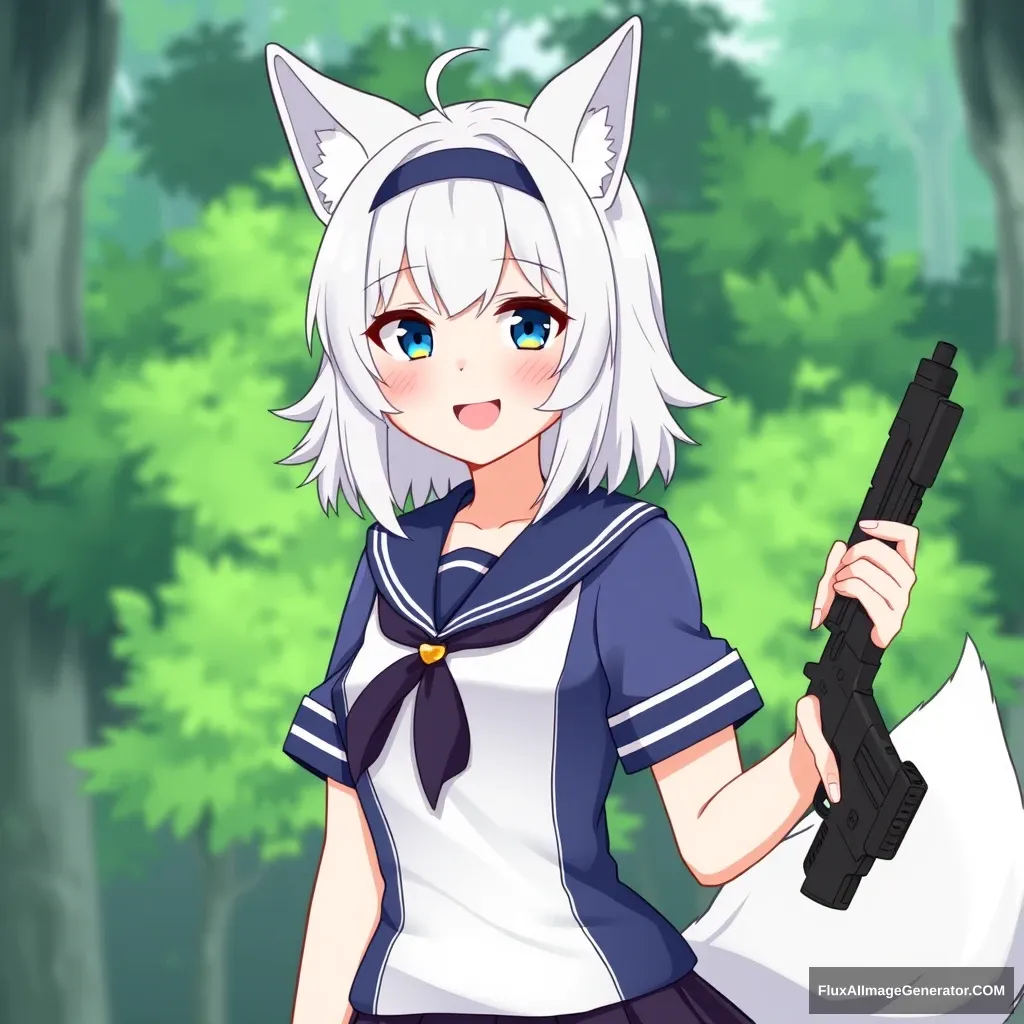 A picture of the VTuber Filian with wolf ears and a wolf tail, having a big smile and medium-length white hair in a sailor school outfit, set against a green forest background, holding a gun in her right hand. - Image