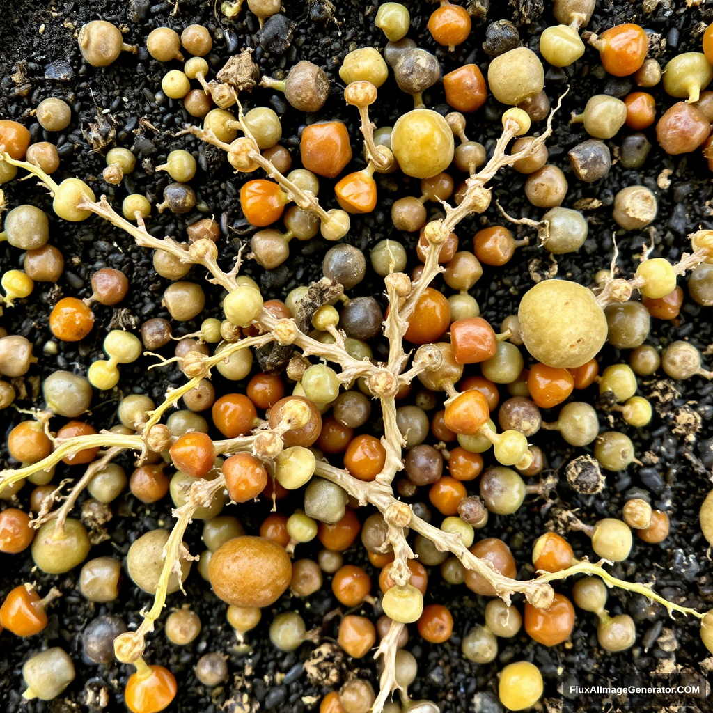 Lots of types of microorganisms, branched covering the ground, black background.