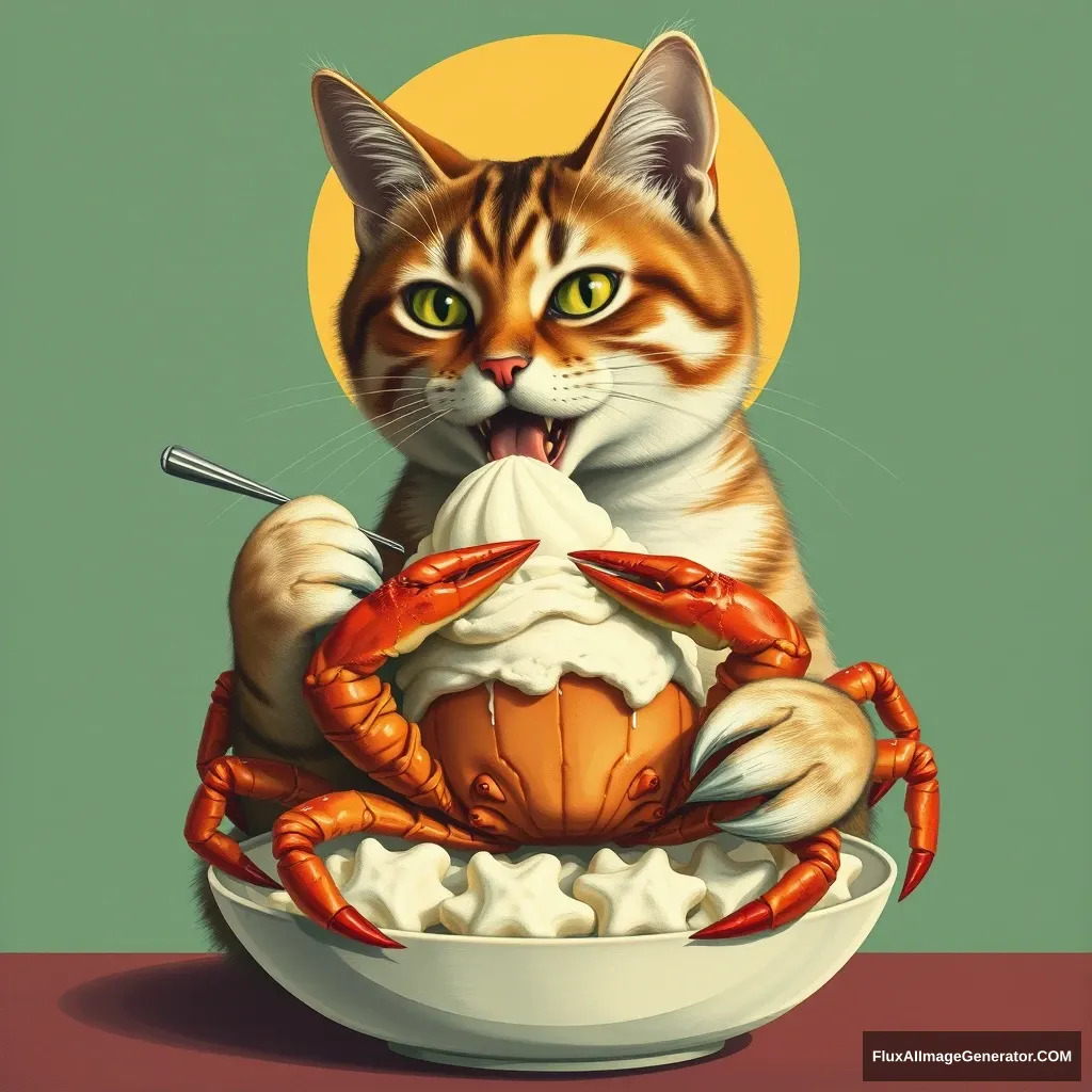 Cat eating ice cream made with whole crab Art Deco Art Style - Image