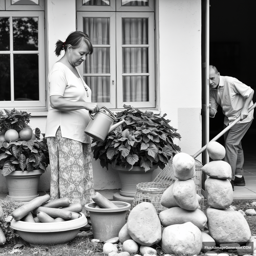 Black and white real picture  
A woman is watering a potted plant.  
Some vegetables have been piled beside the window.  
He's raking some leaves.  
Some stones form a sculpture. - Image