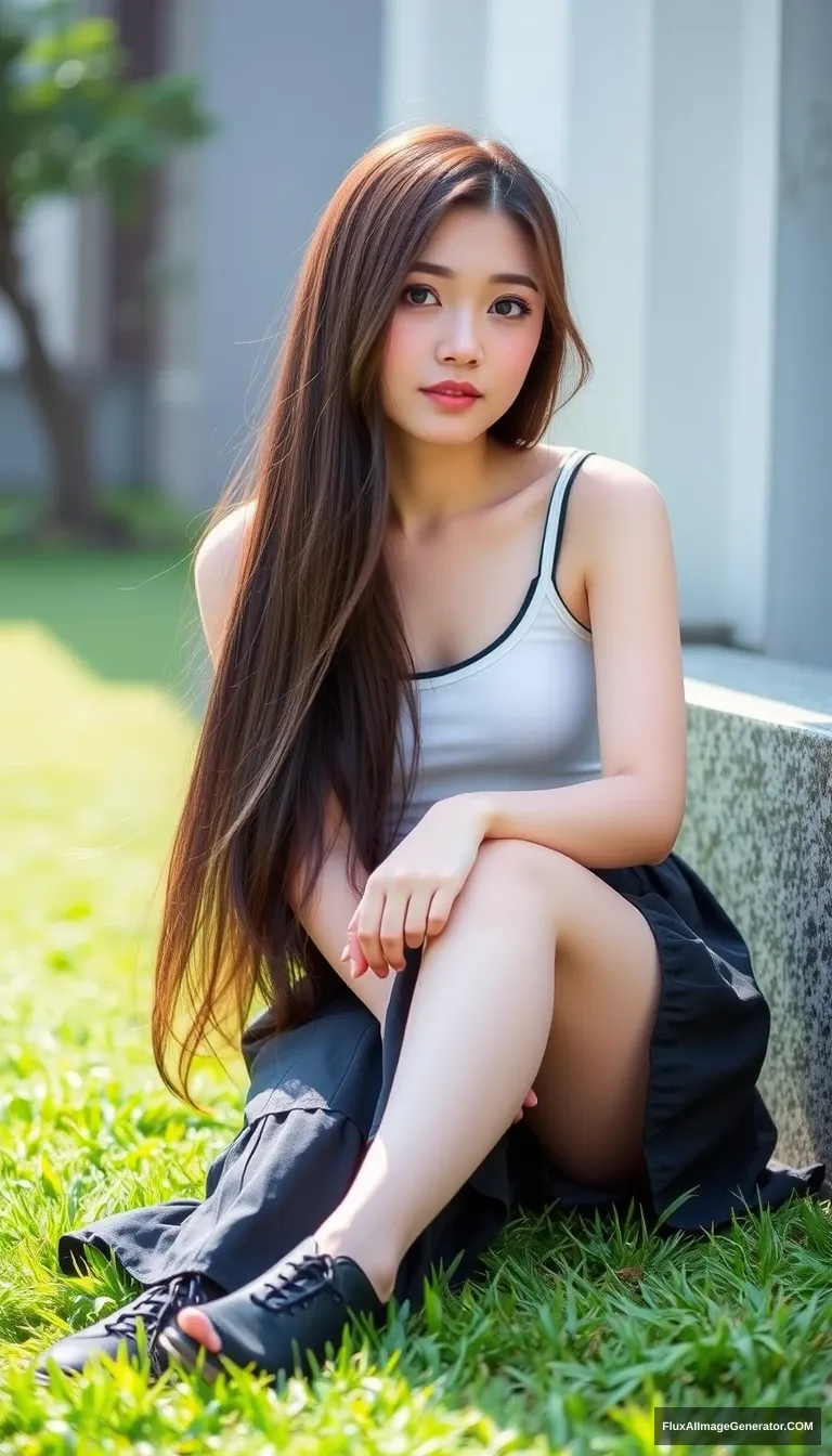 "Photography style, an Asian girl, long hair, long legs, short skirt, tank top, sitting on the grass." - Image