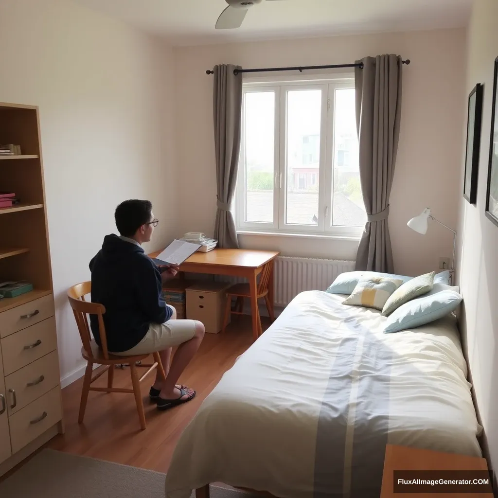 In the room, there is a bed, a table, and chairs, and the home tutor is teaching the student.