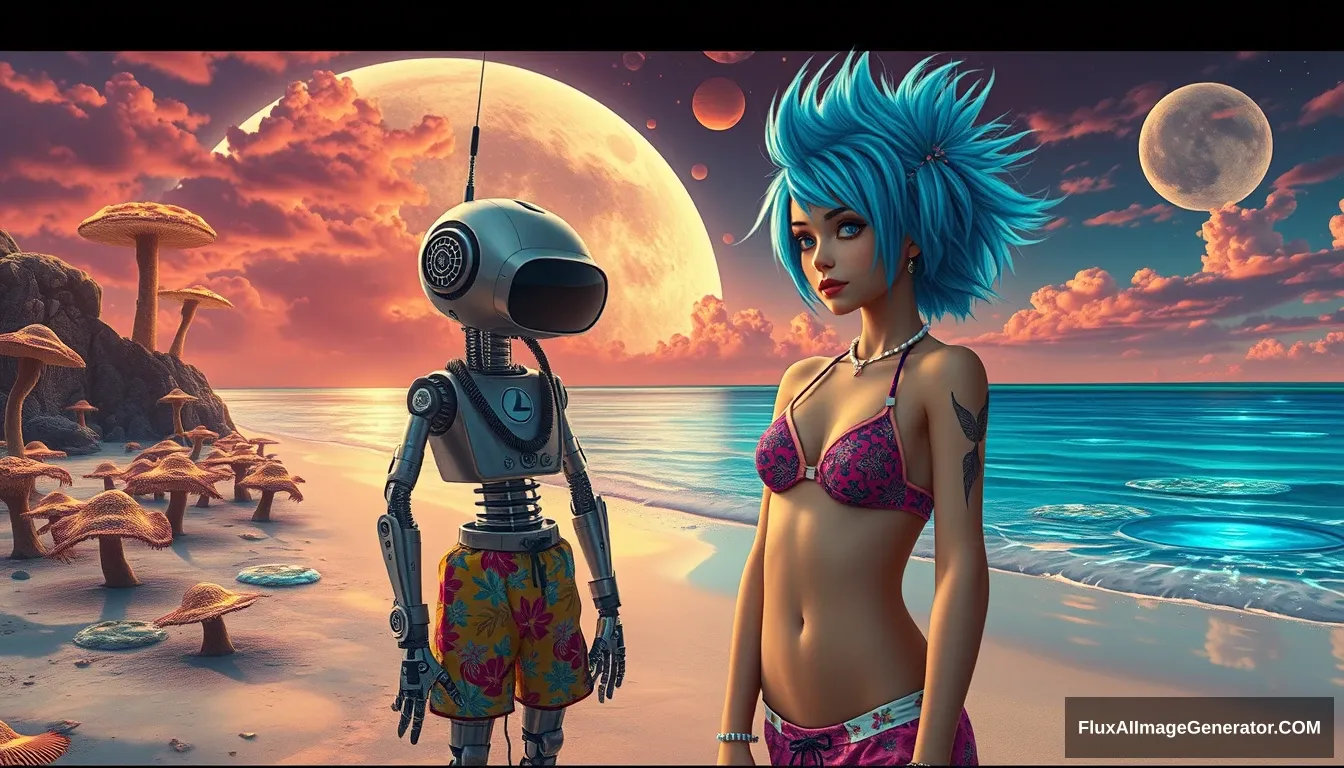 Cinematic Photo in the intricate style of Enki Bilal: A scene features a delicious attractive punk girl with electric blue spiky hair; beside a charming retro-futuristic robot in Hawaiian shorts, on a surreal alien beach adorned with iridescent fungi and shimmering lakes, all beneath a vibrant, dreamlike sky.