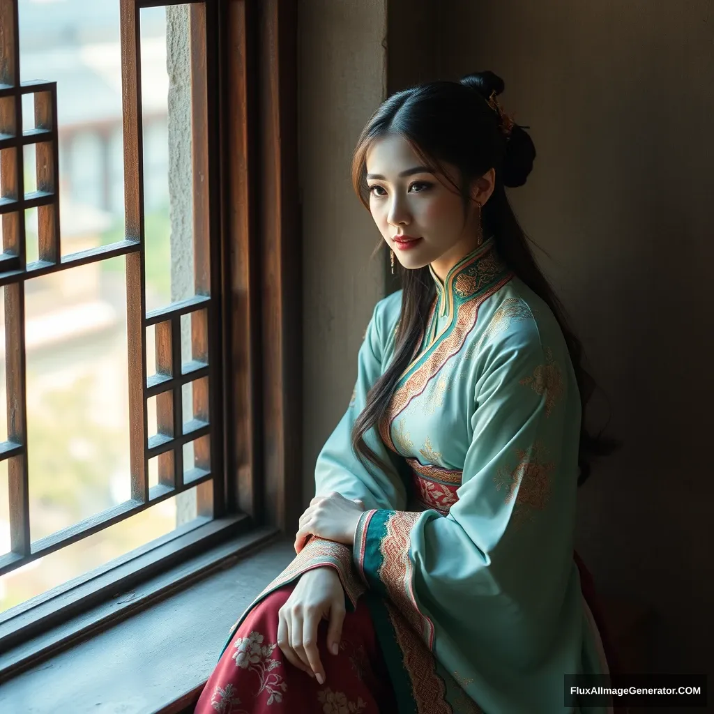 High definition, sitting by the ancient windowsill, there is a beautiful woman in traditional Chinese clothing with Ding Dal lighting effect. - Image