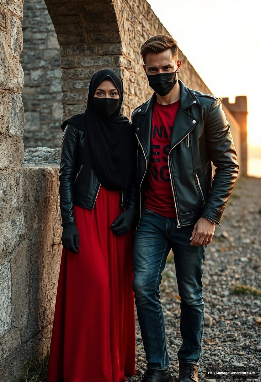 A biggest black hijab girl, beautiful eyes, black face mask, black leather jacket, biggest red longest dress, not tall,

Jamie Dornan, handsome, black face mask, fit and tough body, red metal t-shirt, black leather jacket, jeans, tall man,

standing near a wall together, 
hyper-realistic, photorealistic, street photography, Victoria's abandoned castle, near the beach, sunrise. - Image