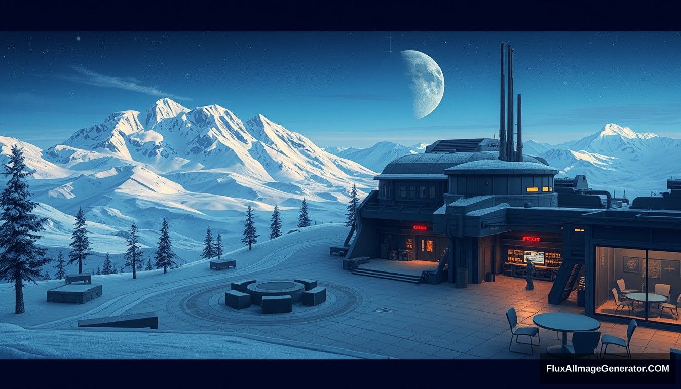 Cel shaded art, wide shot, a sci-fi center on the top of a snow mountain, open air, close look, cyberpunk, military base, Star Wars style, indoor, patio.