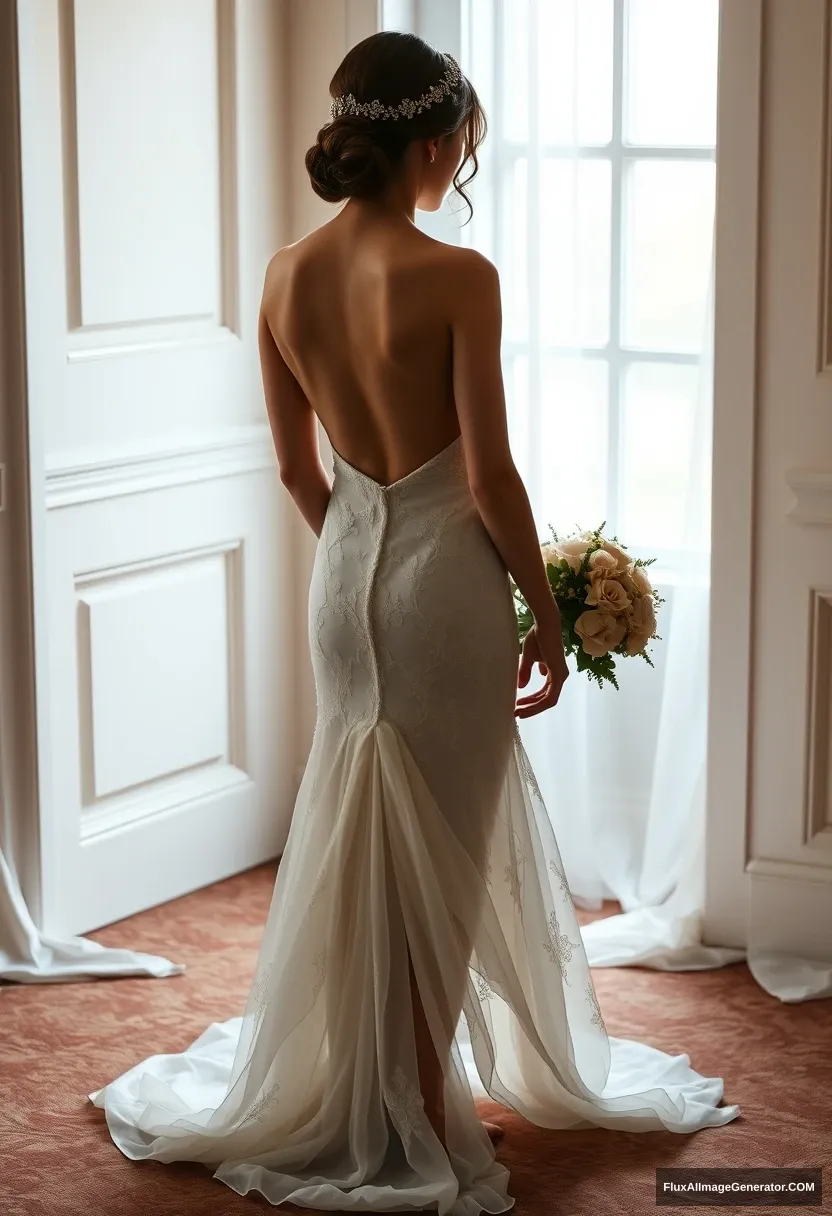 a short young woman, sensitive, delicate, ashamed, backless strapless side-less low-waisted falling contouring wedding dress, in front of patriarchy, expectations - Image