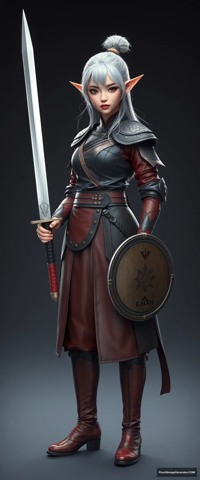 A gorgeous and elegant girl elf (with tousled platinum-colored hair and a silver hairpiece) is wearing leather armor in a traditional Korean clothing style, with the skirt hemline at the back. The pus is on one side of the stain, red leather boots, holding a traditional Korean sword and a round shield with "KHAN" written on it, hyper-realistic photo, unreal engine, front shot. - Image