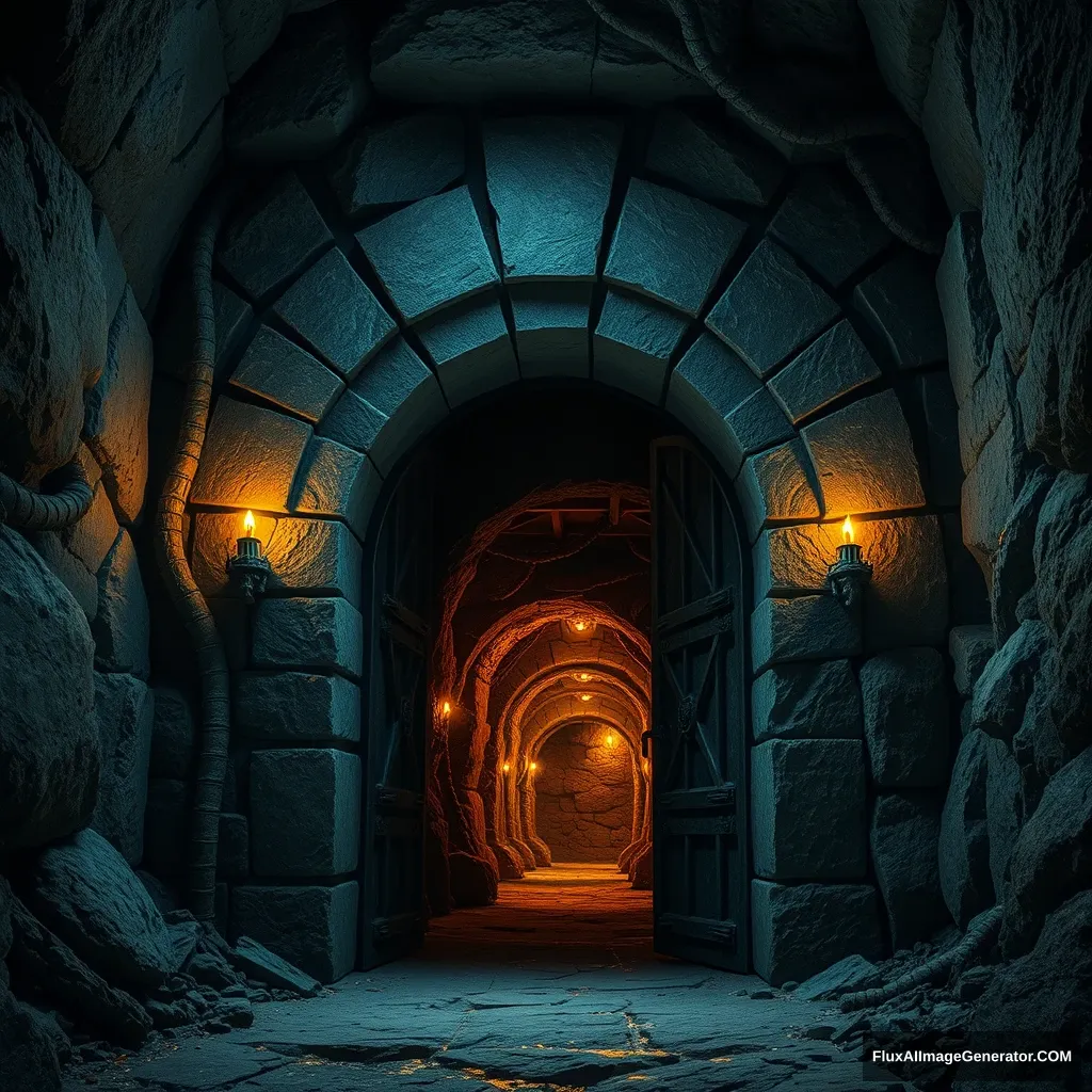 Giant stone aperture door covered in glowing runes lit in the half light of mining lamps, ominous and imposing, inside a mine.